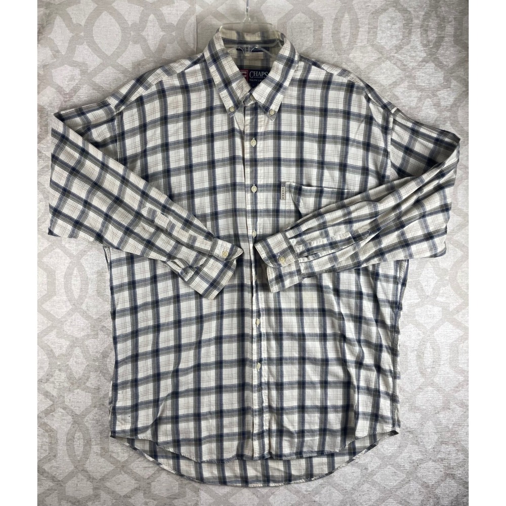 Chaps Ralph Lauren Mens Large Navy Tan‎ Plaid Cotton Button Down Shirt Excellent